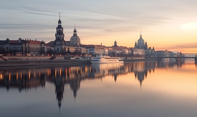 Fototapeta premium nacht, stadt, fluss, architektur, europa, brücke, sachsen, illustrativ, ki, fiktkiv, semperoper, brühlische terasse, schiffe, dresden, elbe, elbtal, kirche, wasser, burg, prag, cathedral, emporragen, 