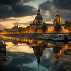 Fototapeta premium nacht, stadt, fluss, architektur, europa, brücke, sachsen, illustrativ, ki, fiktkiv, semperoper, brühlische terasse, schiffe, dresden, elbe, elbtal, kirche, wasser, burg, prag, cathedral, emporragen, 