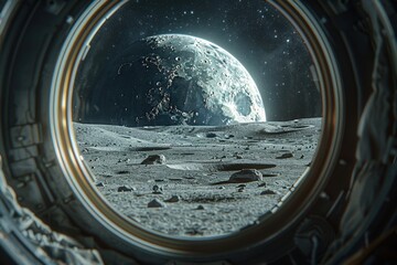 Stunning View of the Moon's Surface with Earth in the Background, Seen Through a Spacecraft Window
