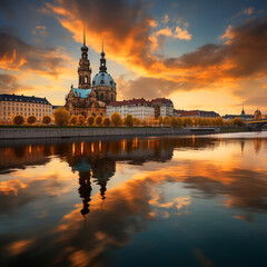 Obraz premium nacht, stadt, fluss, architektur, europa, brücke, sachsen, illustrativ, ki, fiktkiv, semperoper, brühlische terasse, schiffe, dresden, elbe, elbtal, kirche, wasser, burg, prag, cathedral, emporragen, 