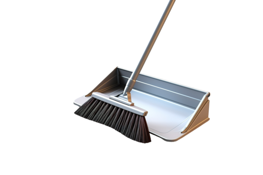 A Sleek Silver Dustpan and Broom Ready for Cleaning on a Clear PNG or White Background.