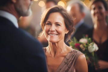 Portrait of a middle-aged mother, smiling through tears at her child's wedding in the blurred...