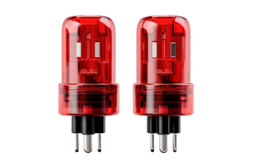 A Pair Of Red Electric Plugs Ready To Power Up The Day on a Clear PNG or White Background.
