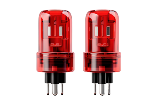 A Pair Of Red Electric Plugs Ready To Power Up The Day on a Clear PNG or White Background.