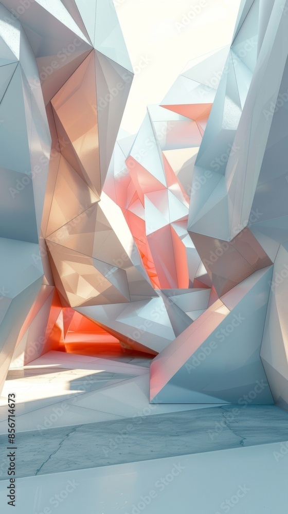 Poster a sophisticated arrangement of triangular prisms and rectangular blocks embodying modern geometric t
