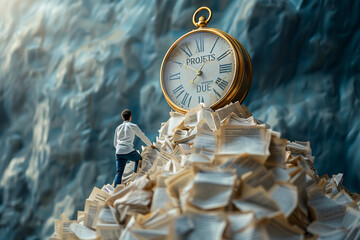 Man struggles to climb mountain of paperwork with clock in background