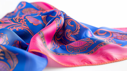 Luxurious Silk Scarf with Blue and Pink Patterns Close-Up