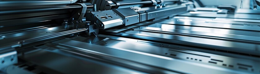 Advanced machinery cutting electro galvanized steel sheets, side view, showcasing precision engineering, scifi tone, splitcomplementary color scheme