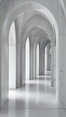 A long hallway with white marble columns and arches.