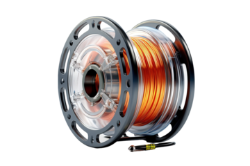 A Reel of Orange Filament Ready for 3D Printing on a Clear PNG or White Background.
