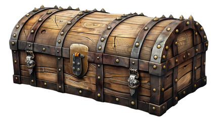 Wooden pirate treasure chest with metal accents and intricate details, ideal for adventure decoration or vintage storage solutions.