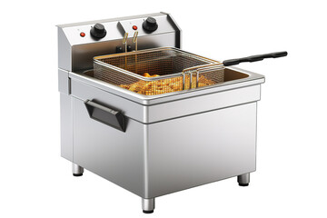 Commercial Deep Fryer With Golden Brown French Fries on a Clear PNG or White Background.