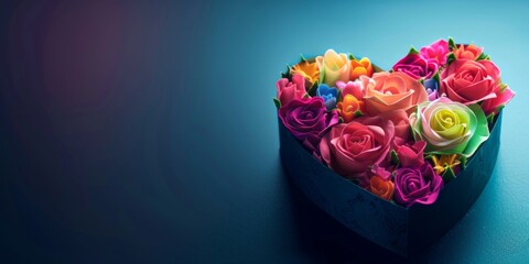 Fototapeta premium Rainbow-Colored Heart-Shaped Flower Gift Box on Dark Background, Symbolizing Pride, LGBTQ+ Inclusivity, and Romance. Perfect for Valentine's Day, Christmas, National Day, Birthdays, and Mother's Day. 