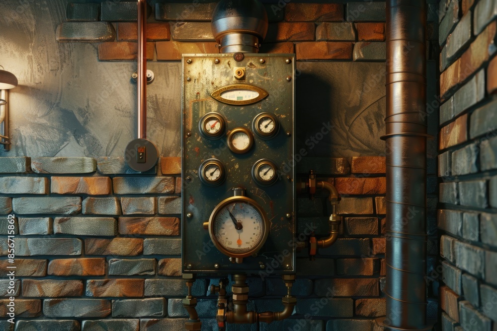 Poster a close-up view of a wall with various gauges and instruments installed