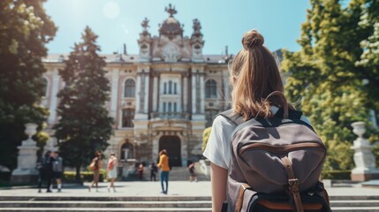 A student standing in front of a historic university building, capturing the essence of academic pursuit and historic architecture.