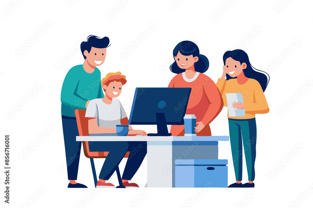 Aufkleber web developers using a computer together in an office white background modern flat design simple vec