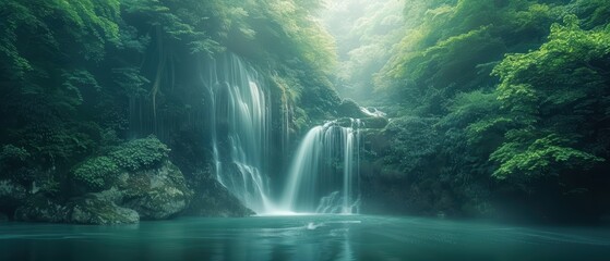 Mystical Waterfall in Lush Forest.