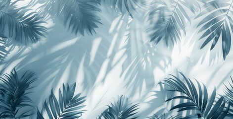 Close-up shadows of palm fronds on the water, blurred backgrounds and banners containing areas of replicated space. Soft blue style for summer concept.