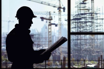 A lone silhouette of an engineer examining blueprints with a backdrop of cranes and scaffolding in the distance , abstract  , background