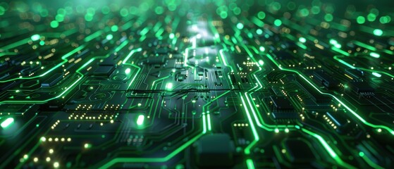 Fototapeta premium Abstract Green Circuit Board with Glowing Lines.