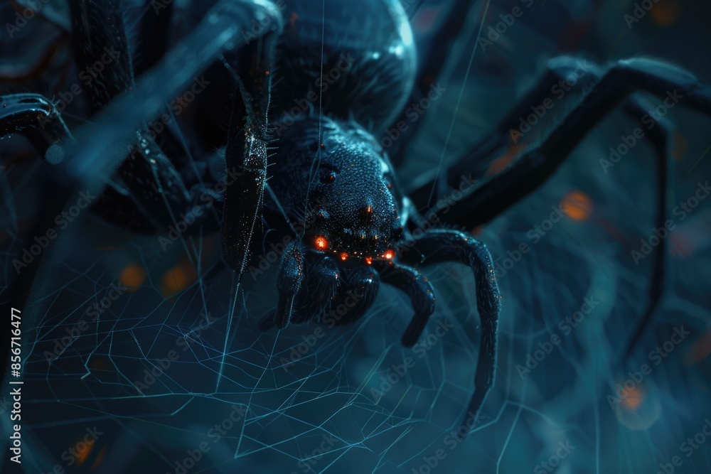 Poster a detailed shot of a spider sitting in the center of its web, with intricate patterns and threads vi
