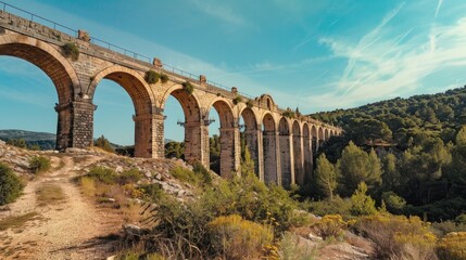 Fototapeta premium A picturesque scene of a stone bridge spanning across a verdant hillside, ideal for landscape or travel photography