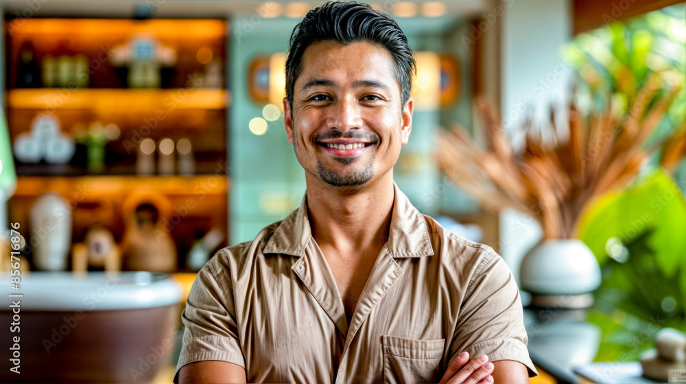 Aufkleber man standing with his arms crossed in front of table with plate of food on it.