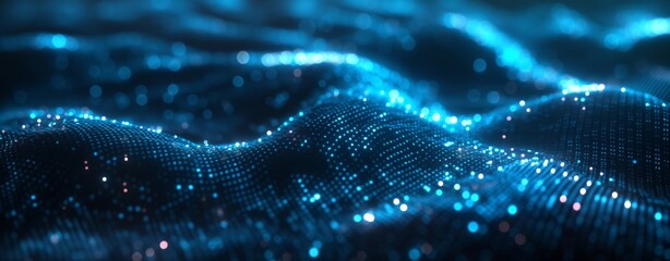 Abstract blue digital waves with glittering lights, creating a sense of movement and depth, perfect for technology and digital-themed projects.
