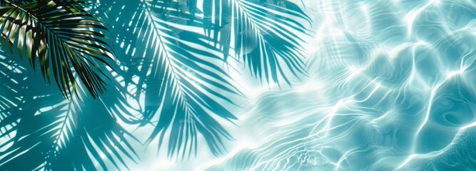 Naklejka premium Close-up shadows of palm fronds on the water, blurred backgrounds and banners containing areas of replicated space. Soft blue style for summer concept.