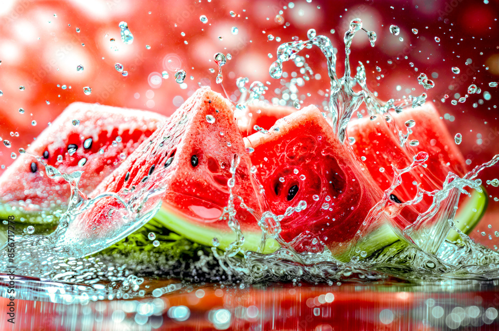 Poster group of watermelon slices with water splashing on them on table.