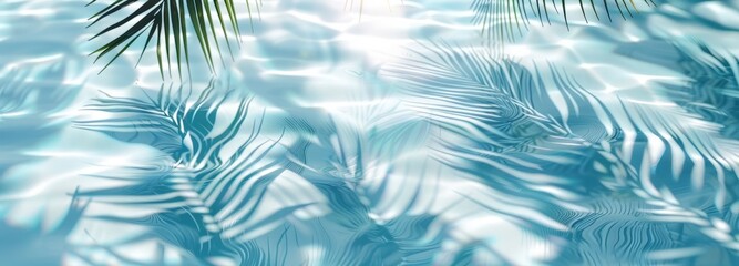 Close-up shadows of palm fronds on the water, blurred backgrounds and banners containing areas of replicated space. Soft blue style for summer concept.