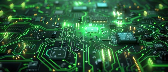 Green Circuit Board with Glowing Lines and Chips.