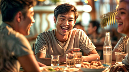 Couple of people sitting at table with plates of food in front of them.