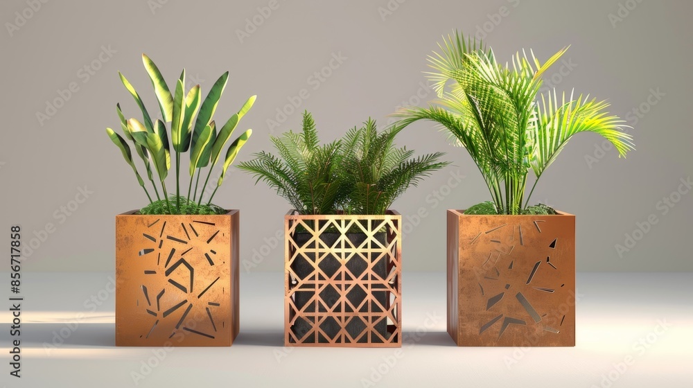 Poster a trio of cubeshaped planters each with a unique geometric pattern showcasing a mix of tall slender 