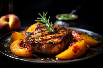 Tasty sweet and spicy glazed pork chops with grilled peaches © Hanna Haradzetska