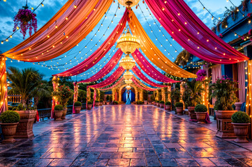 Outdoor wedding venue decorated in pink, orange, and yellow draping.