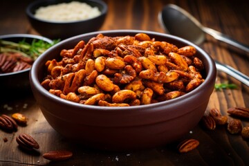 Sweet and spicy roasted nuts in a small bowl