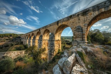 Obraz premium A stone bridge spanning a river with a clear blue sky in the background, ideal for use in travel or nature photography