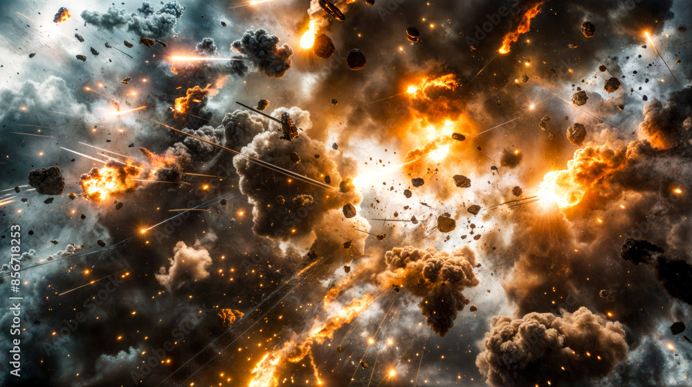 Poster bunch of exploding objects in the air with lot of smoke coming out of them.