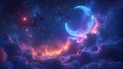 Obraz premium A celestial wall background featuring a dreamy night sky with twinkling stars and a glowing crescent moon, surrounded by soft clouds and nebulas, deep blues and purples, mystical 