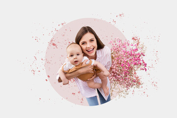Composite collage picture image of cute young mom hold little baby mother day celebration unusual...