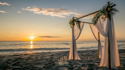 Romantic Beach Wedding Ceremony with Bamboo Arch and Tropical Flowers at Sunset - Serene and Tranquil Ocean Setting