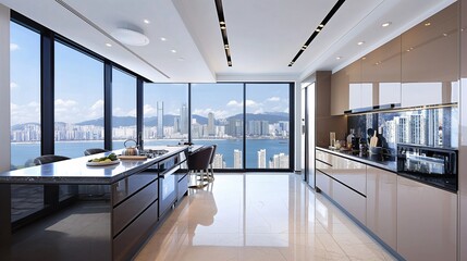 창밖에 바닷가에 위치한 대도시가 보이는 고층 아파트의 주방-Kitchen in a high-rise apartment with a view of a coastal city