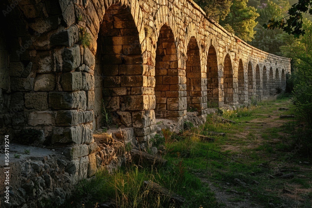Poster a stone wall with several arches in the middle, ideal for use as a backdrop or setting