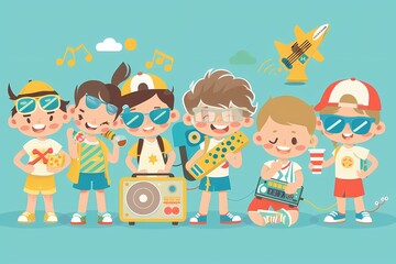 Fototapeta premium Happy children playing music with colorful instruments and accessories on a sunny day