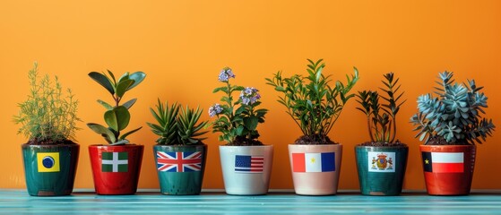 Fototapeta premium Potted Plants with Flags of Different Countries on Orange Background.