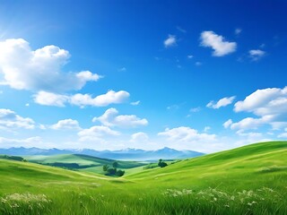Obraz premium Background of green grass field on hills and blue sky 