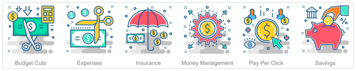 A set of 6 Business icons as budget cuts, expenses, insurance
