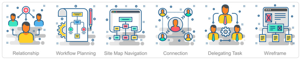 A set of 6 Business icons as relationship, workflow planning, site map navigation