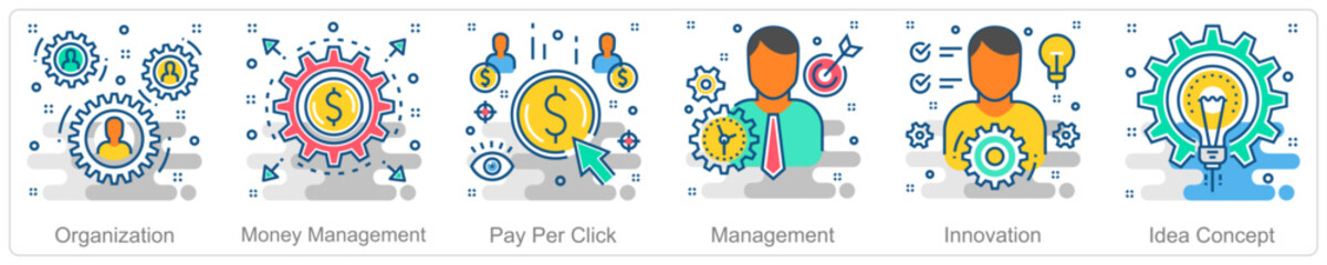 A set of 6 Business icons as organization, money management, pay per click 